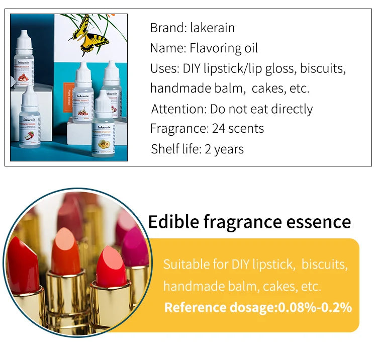 Lakerain DIY lip gloss fragrance oil bottles with colorful lipstick tubes in red, orange, and pink shades.