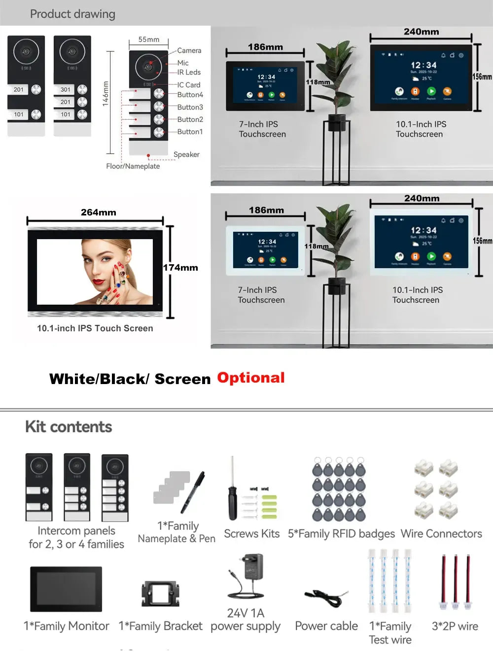 WiFi video intercom system kit contents, monitor sizes, door camera, and RFID badges
