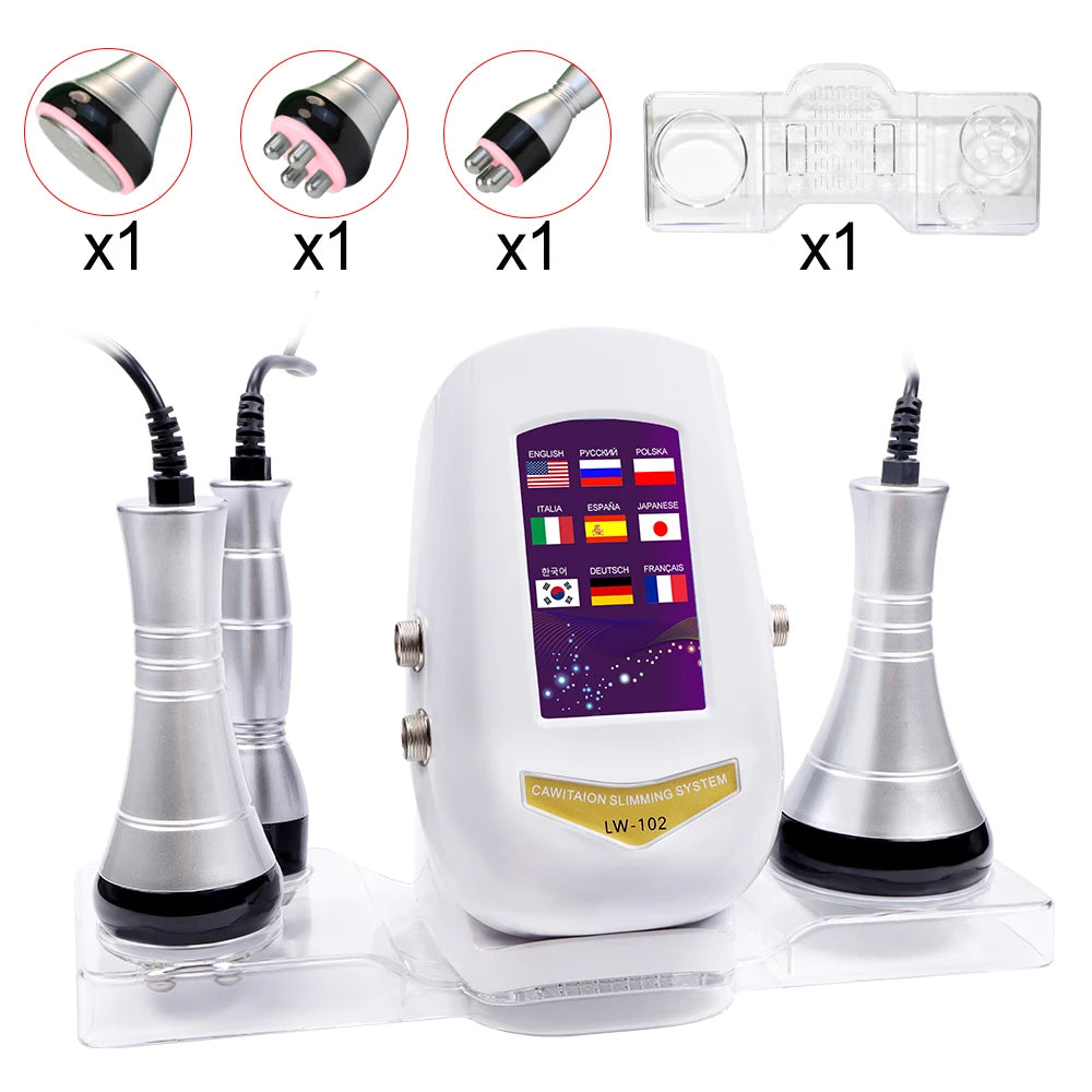 White 3-in-1 40K cavitation device with touch screen, three silver wands, and a clear plastic storage stand.