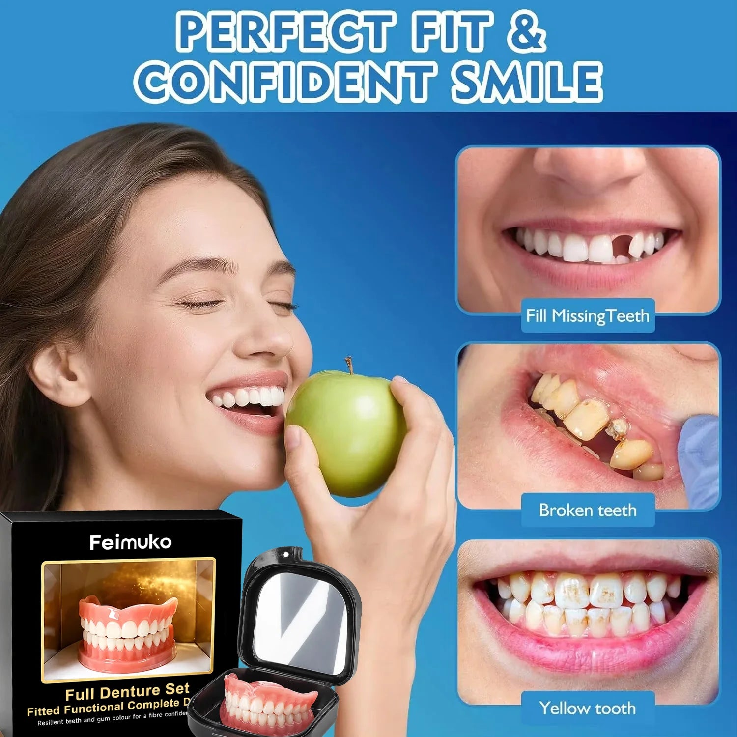 Full Set Dentures Fake Teeth Braces Comfort Fit Instant Confidence Smile Oral Care For Men Women Modify gaps between teeth/v3*