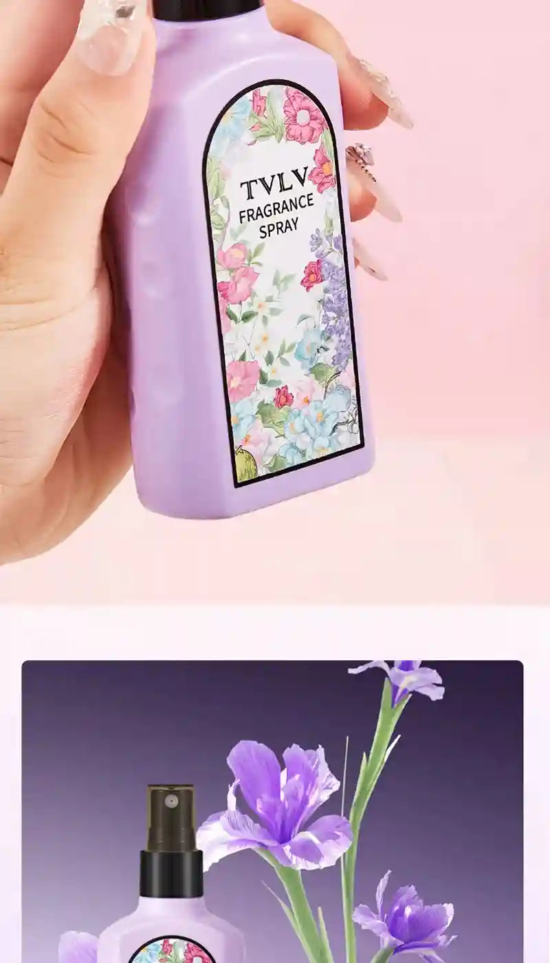 TVLV Jasmine long-lasting floral fragrance spray for women in a sleek purple bottle with botanical floral art design.