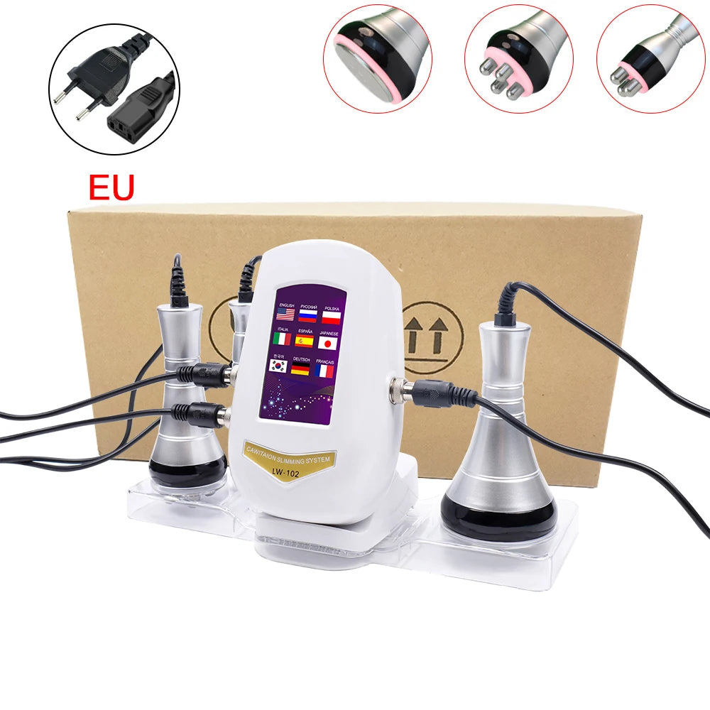 White 40k body slimming machine with LCD screen, two silver applicator heads, cables, and EU power plug.