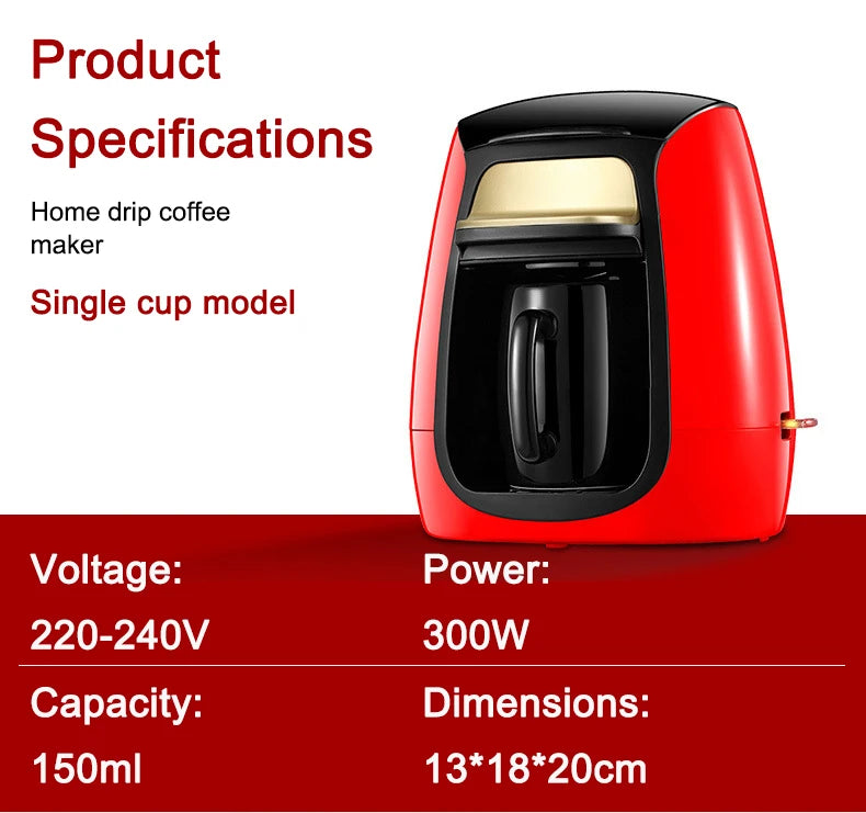 Red and black single-cup home drip coffee maker, 150ml capacity, 300W power, compact 13x18x20cm design.