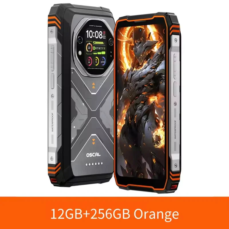 Blackview Oscal TANK 1 rugged phone, orange and black, front and back views, 6.78-inch display, rear smart screen.