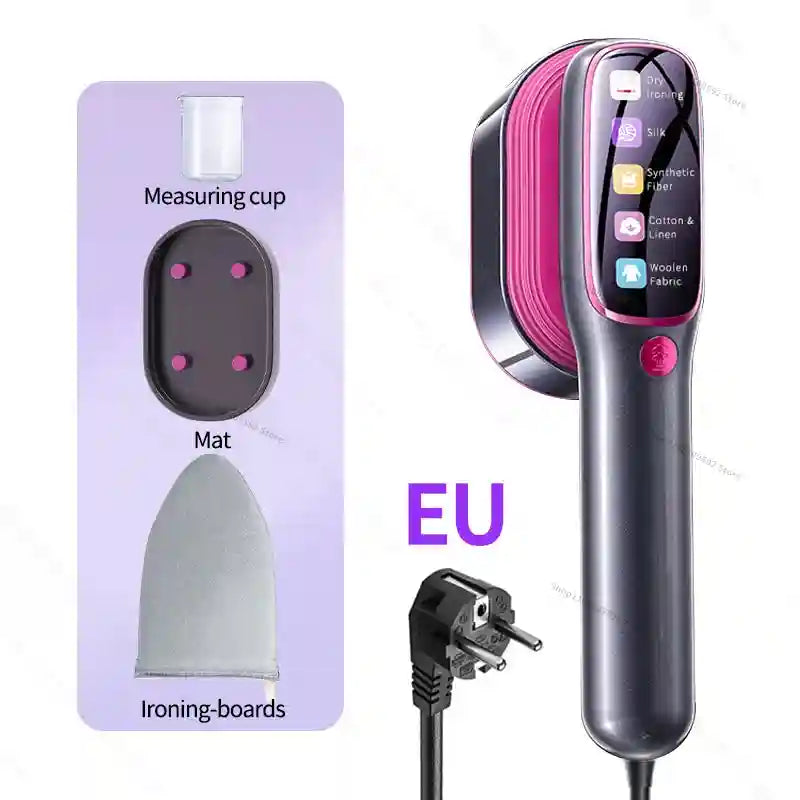 Handheld garment steamer, black with EU plug and purple steam head attachments