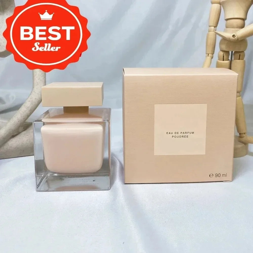 Eau de Parfum Poudrée: Long-lasting woody floral perfume for women in a square glass bottle with beige packaging.