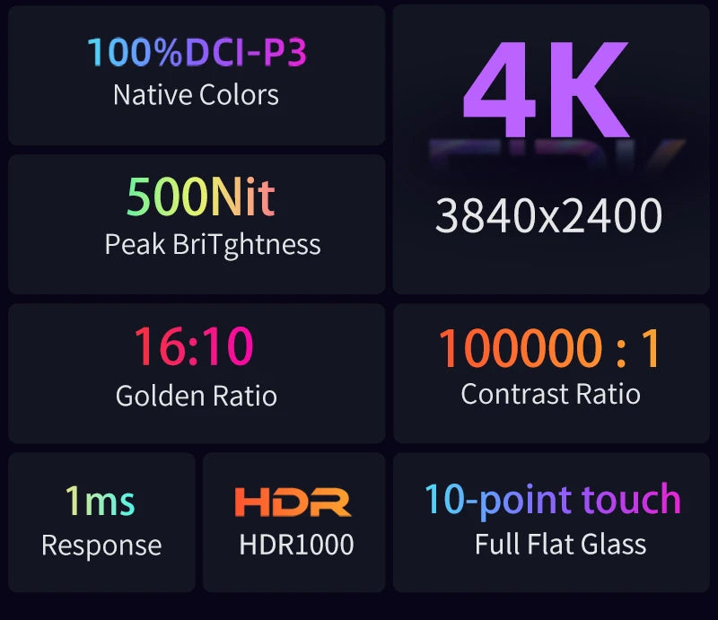 16inch 4K OLED Portable Monitor Touchscreen 16:10 3840*2400p 500Nits Metal Narrow Bezel External Monitor for PS5 Switch Laptop