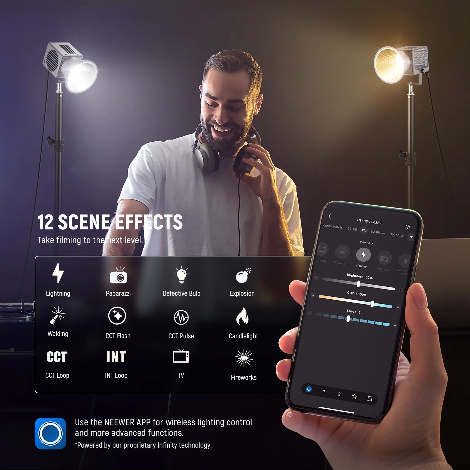 Two silver LED video lights on stands, controlled via smartphone app to create 12 different lighting scene effects.