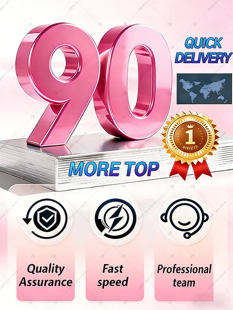A promotional graphic featuring large, 3D pink "90" text, a gold medal, and three icons for quality, speed, and service.