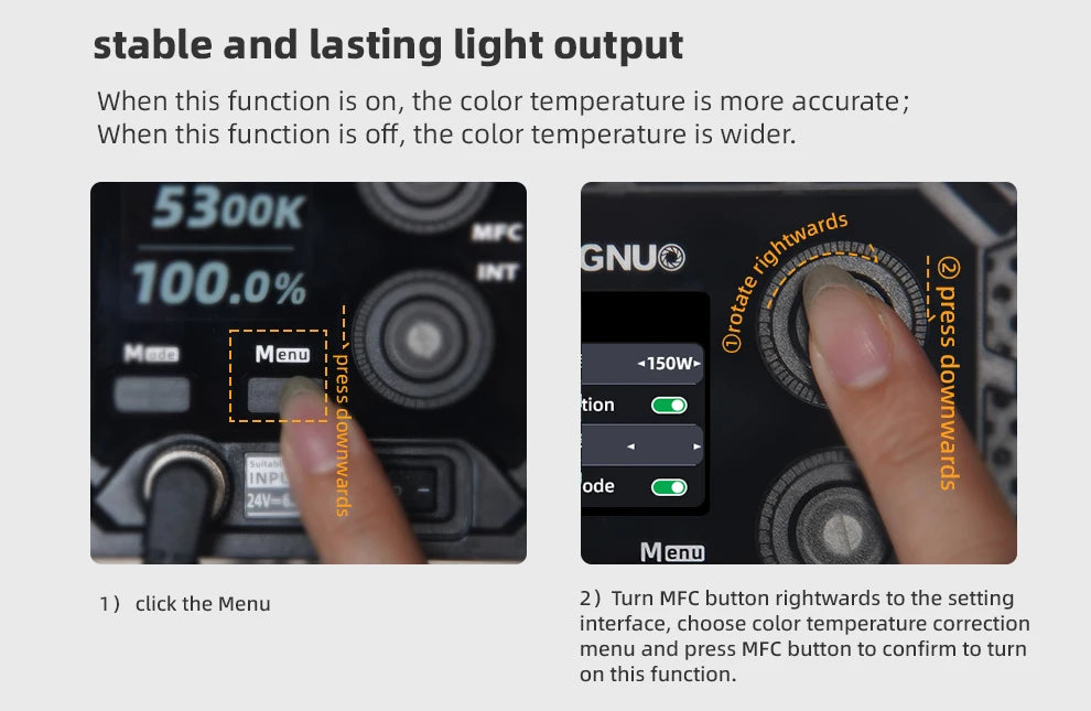 Black digital light control panel with menu button and rotary dial, showing finger interaction for settings adjustment.