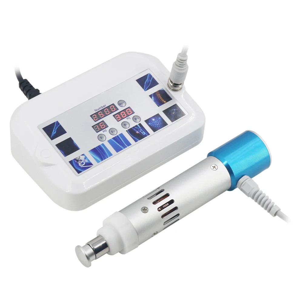 Portable 300mj shockwave therapy machine with digital control console and handheld ergonomic massage applicator.