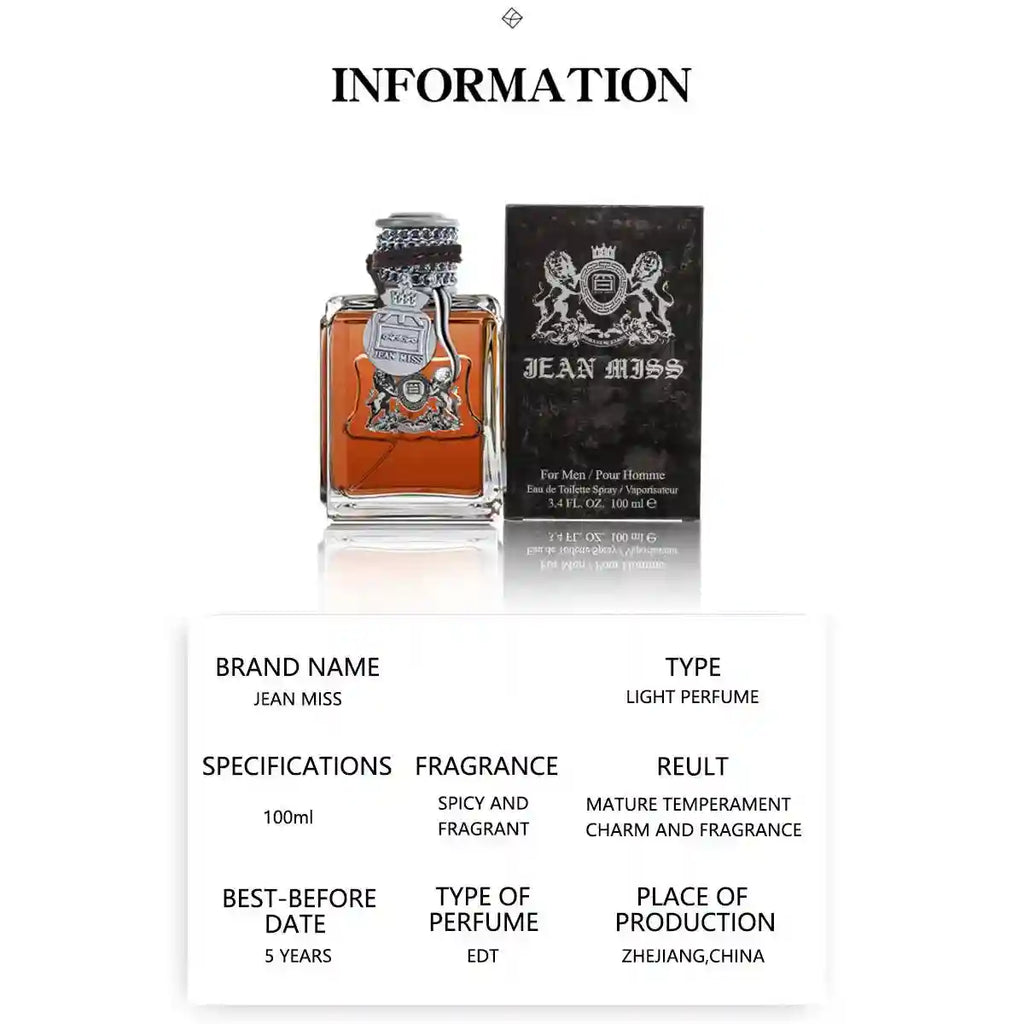 JEAN MISS 100ml EDT for men: Woody spicy fragrance in a luxury square glass bottle with decorative crest design.