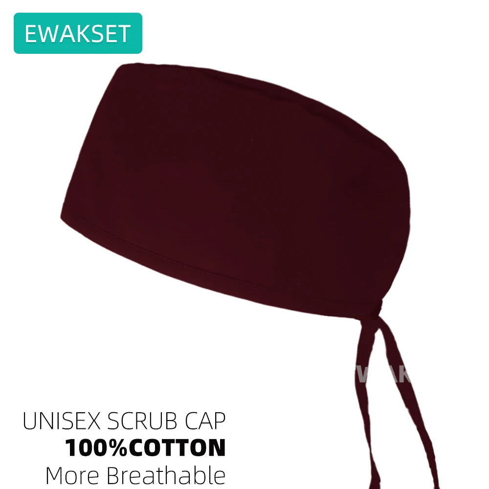 Burgundy unisex scrub cap with sweatband. Breathable 100% cotton surgical hat for vet, dental, and medical professionals.