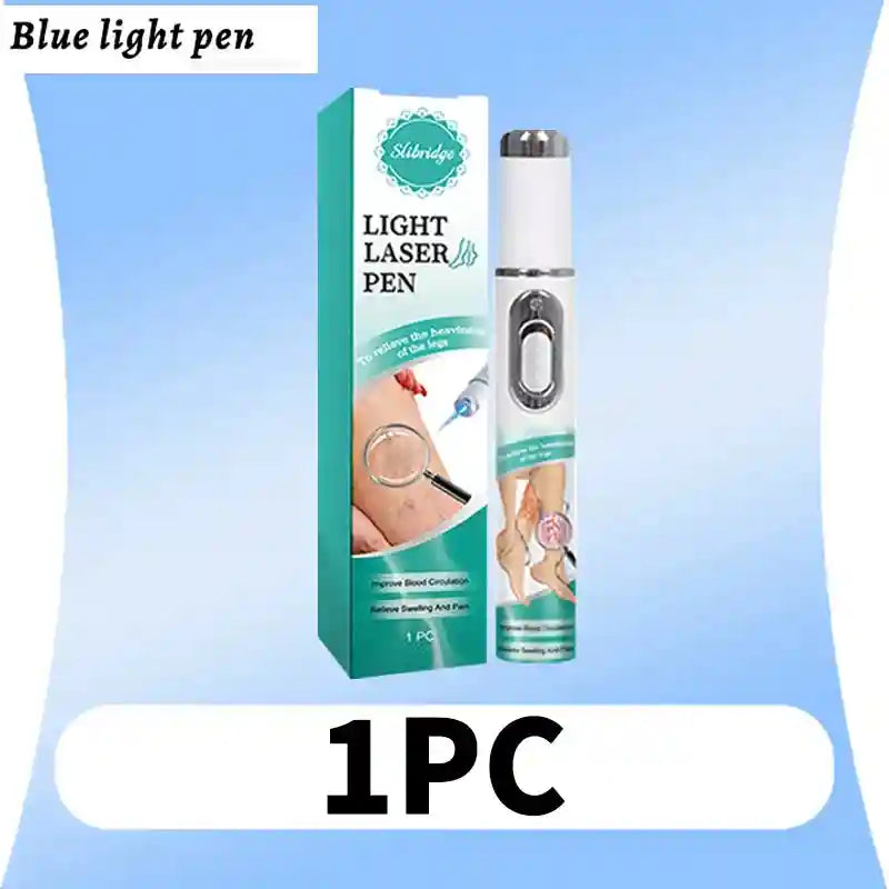 A Slibridge blue light laser pen device next to its teal and white box for relieving leg vein heaviness.