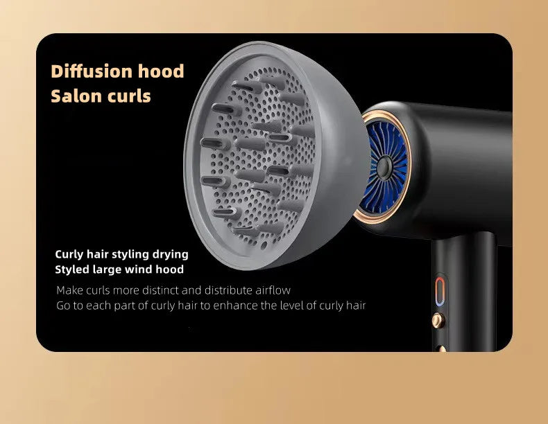 Black 2400W high-speed hair dryer with blue light, negative ion tech, and large gray diffuser hood for curly hair.