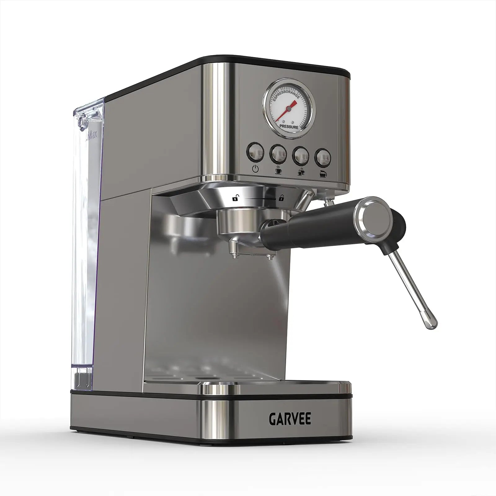 Garvee stainless steel espresso machine with pressure gauge, portafilter, and clear water tank on white background.