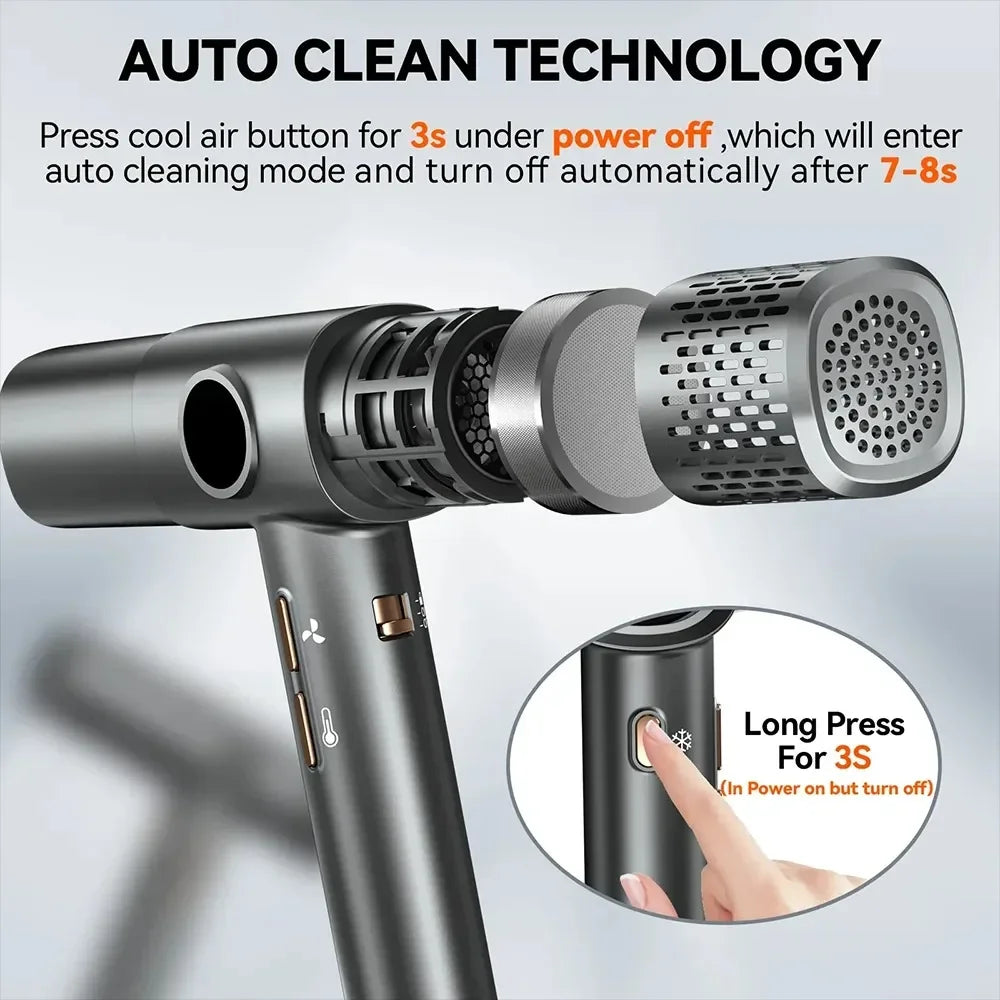 Grey high-speed hair dryer with auto-clean filter technology and ionic brush-less motor for professional hair care.