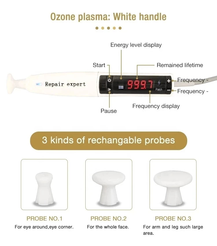 Ozone plasma wand with white handle, digital display, and three interchangeable probes for face and body skin treatment.
