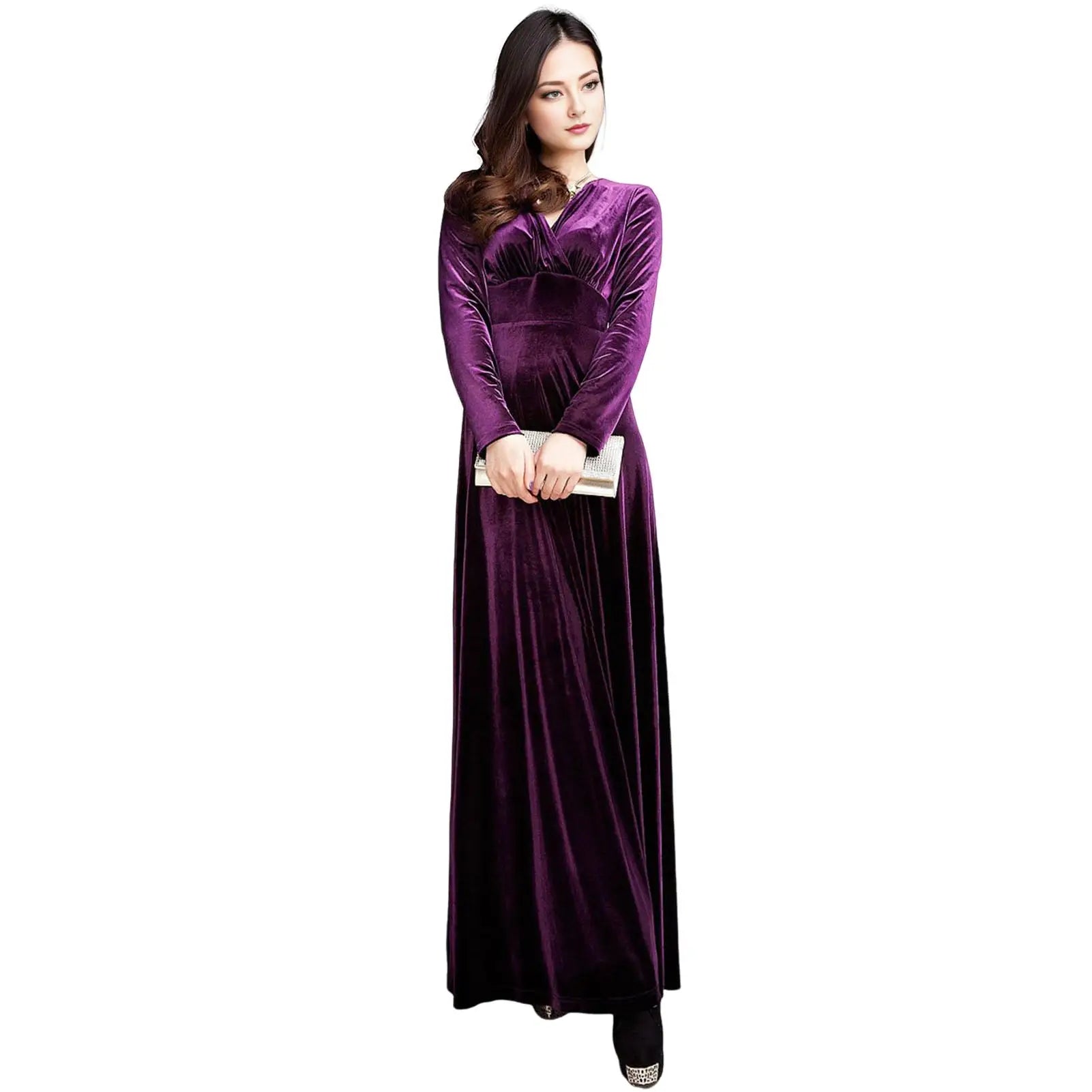 Vintage Women Autumn Long Sleeve V Neck Pleated Velvet Banquet Party Maxi Dress Party Wedding Elegant Evening dress 