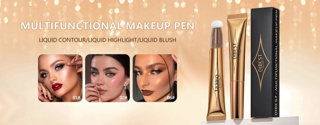 QIBEST multifunctional liquid makeup pens for contour, highlight, and blush in gold tubes with models wearing makeup.