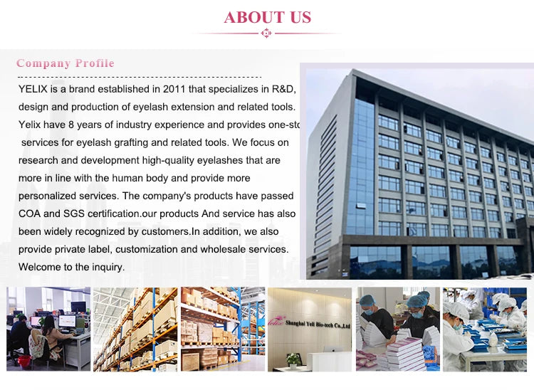 Alt text: Yelix company profile showing their manufacturing facility, office, warehouse, and staff packaging eyelash