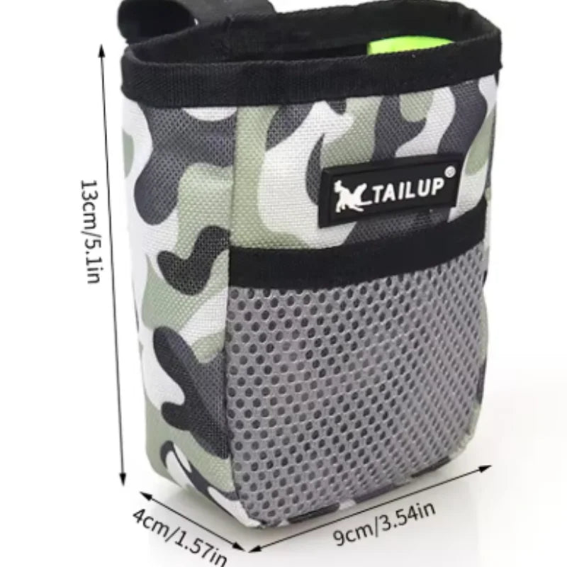 Camo dog treat training pouch with mesh pocket, 5.1in waist bag for puppy obedience and agility snacks.