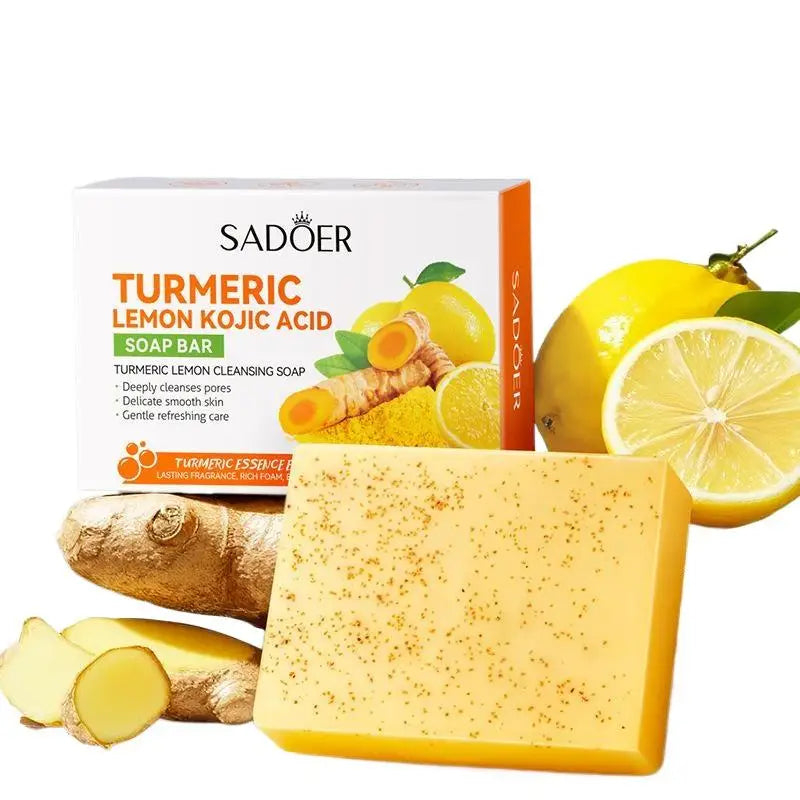 SADOER Lemon Turmeric Brightening Soap Handmade Deeply Cleansing Glowing Body Exfoliating Shower And Face Soap Body Care.