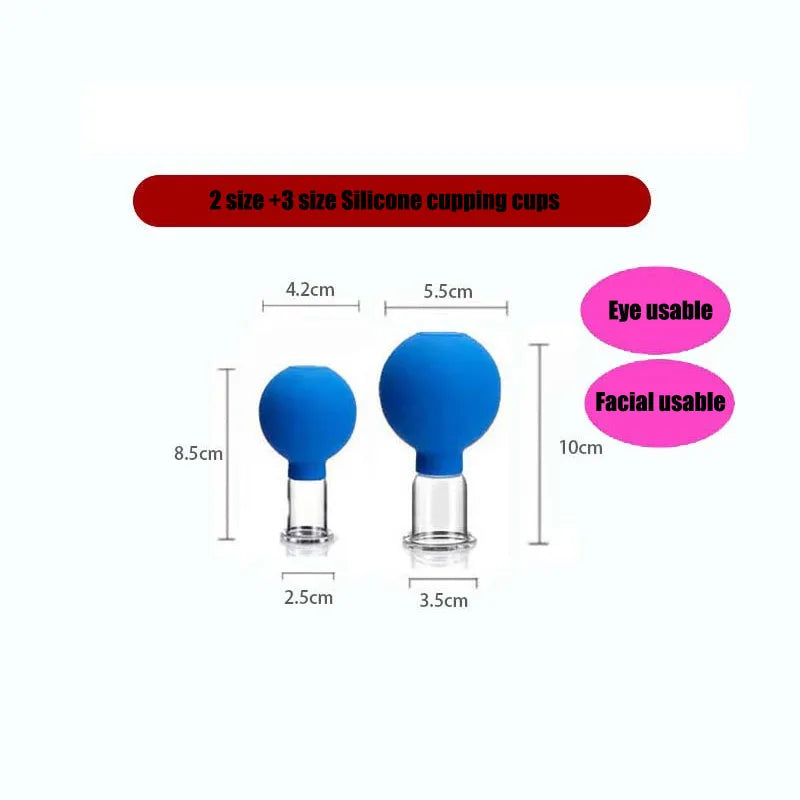 Two blue silicone and glass facial cupping tools of different sizes, labeled for eye and facial use with dimensions.