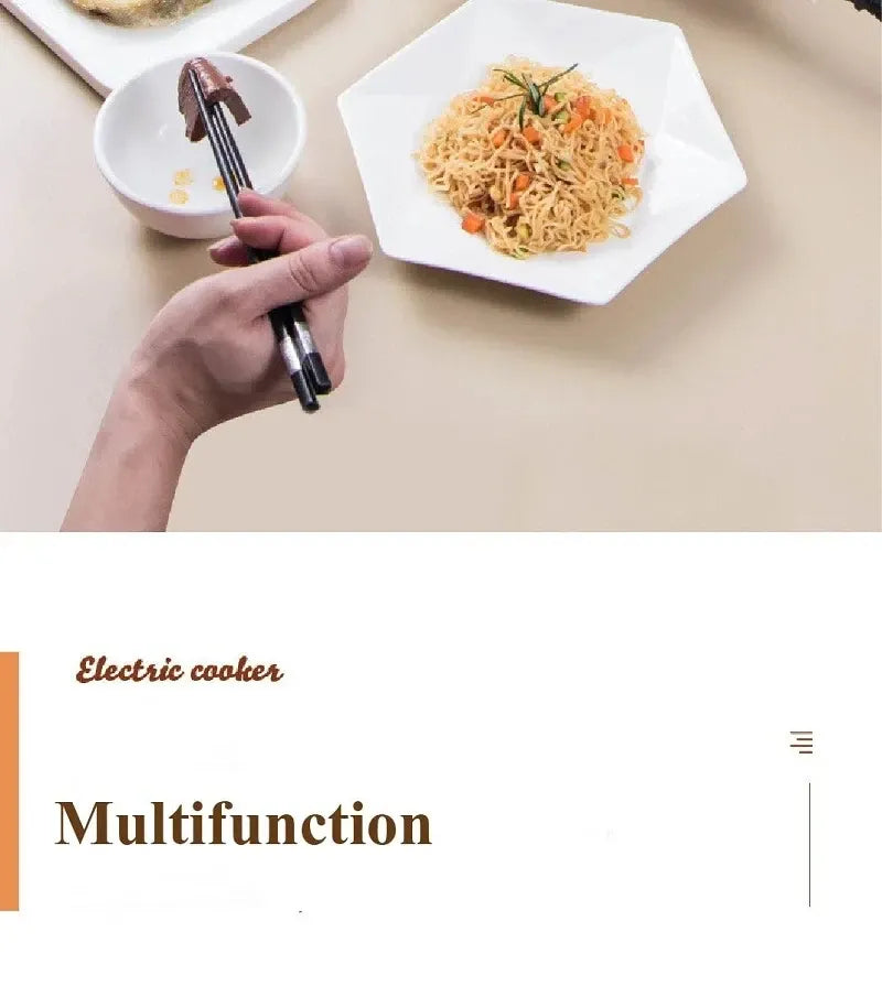 Electric cooking pot with ladle, serving dishes of noodles and meat beside the pot
