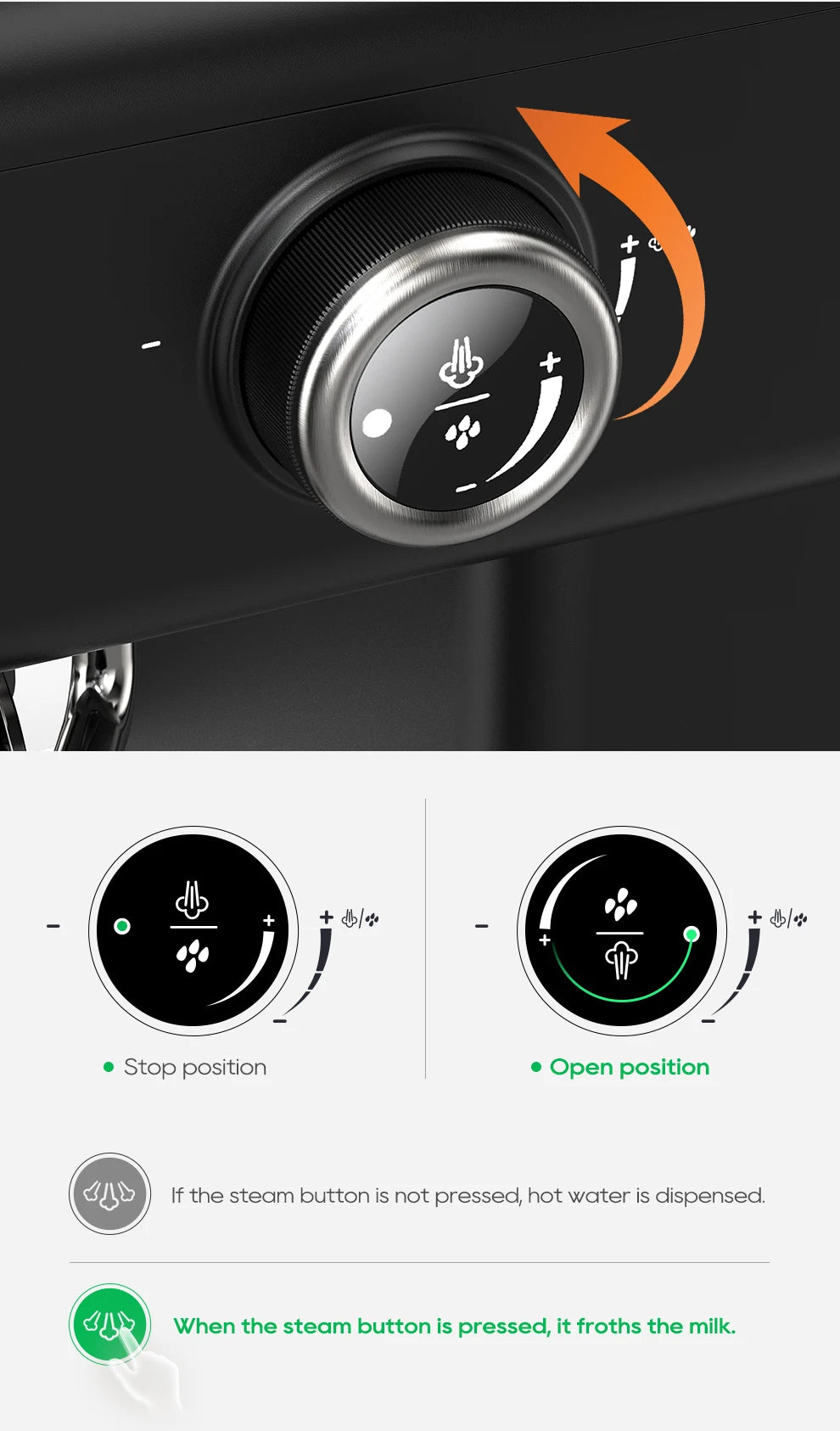 Black espresso machine steam knob with icons for hot water and milk frothing showing stop and open positions.