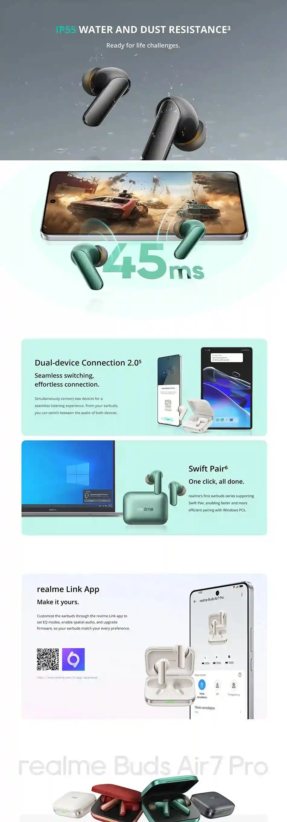 Realme Buds Air 7 Pro Wireless Earbuds - 53dB Active Noise Cancelling Tidesmit