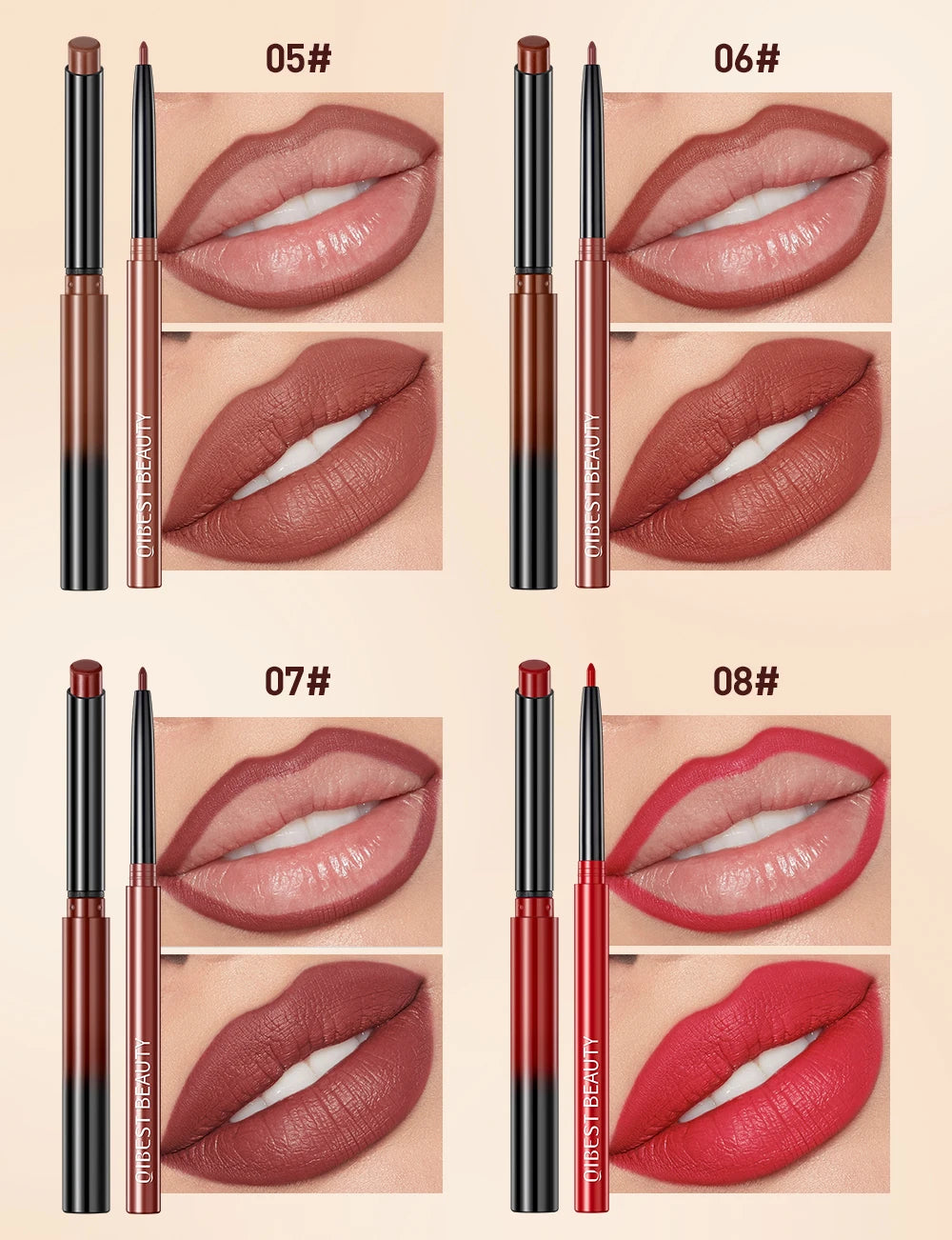 QIBEST matte lipstick and lip liner set showing four velvet-finish lip shades with matching contour pencils.