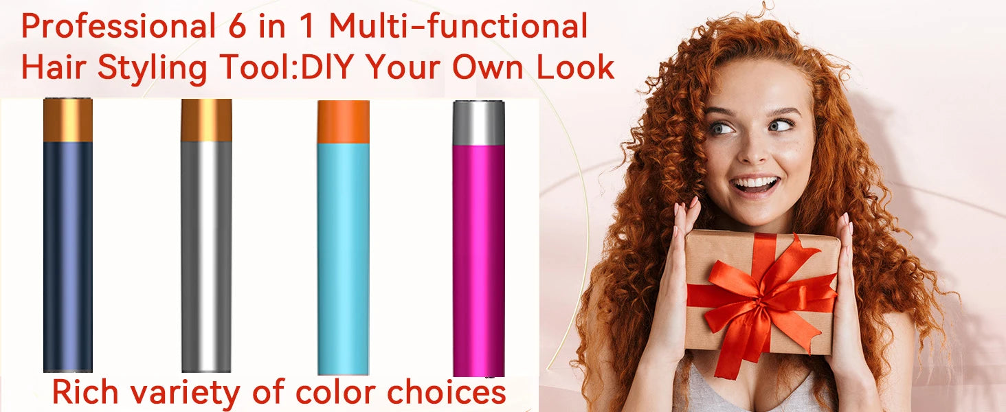 SenCiciMen 6-in-1 multi hair styler in blue, silver, cyan, and pink with professional hot air brush curling barrels.