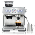 Gevi stainless steel espresso machine with integrated grinder, pressure gauge, and milk frothing wand pouring coffee.