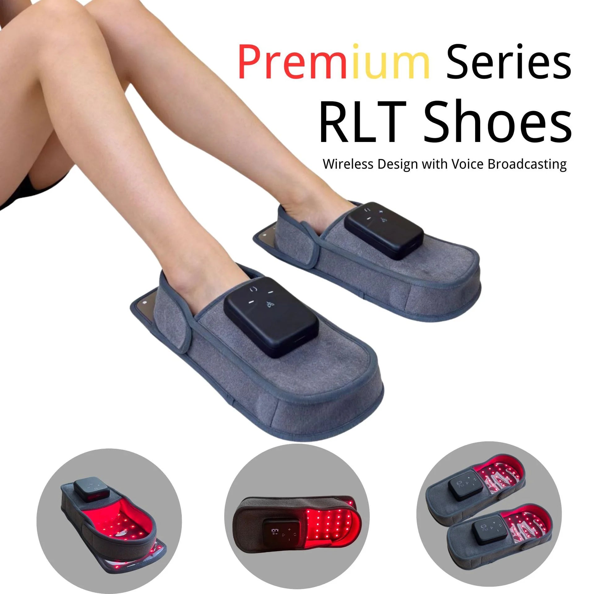 Grey wireless red light therapy slippers for foot pain relief, showing infrared LEDs and control units on each shoe.