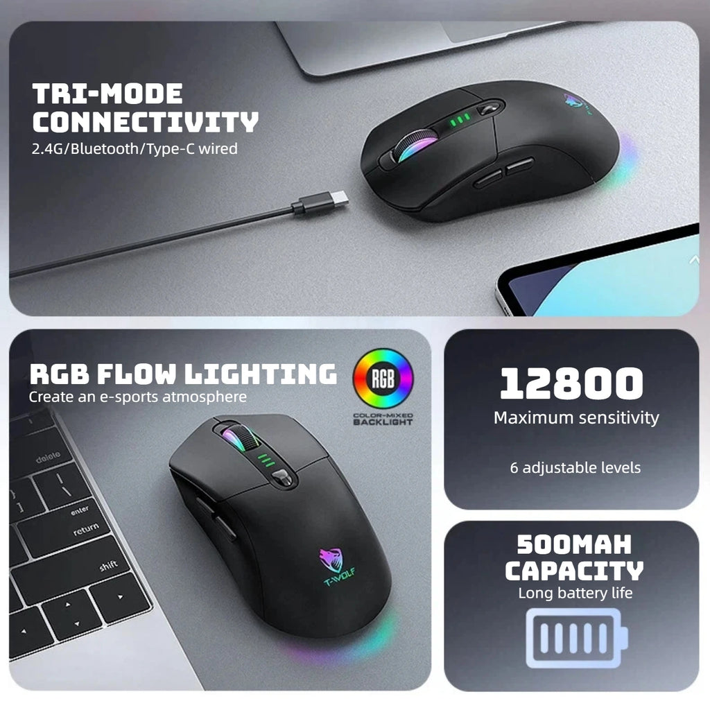 Tri-mode Wireless Gaming Mouse RGB 1000Hz Rechargeable Ergonomic Bluetooth Mouse with Battery Display for PC Mac