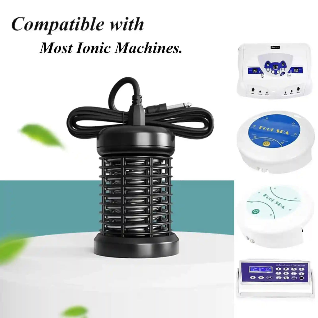 Stainless steel ionic foot detox array for spa machines, black cylindrical design with plug, compatible with foot baths.
