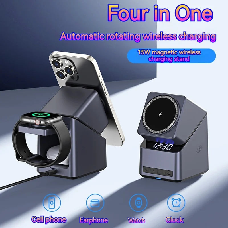 Magnetic wireless charging dock with rotating stand and clock display
