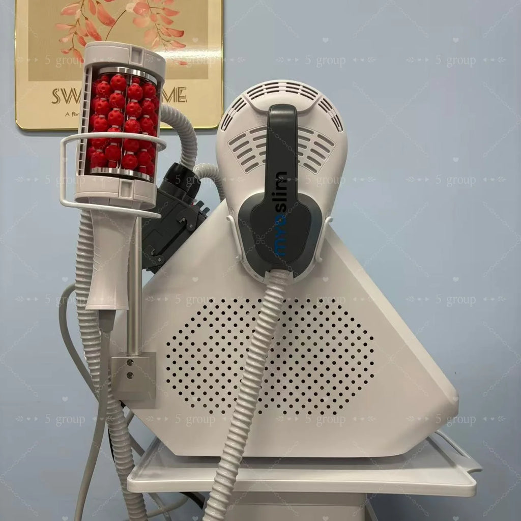 White EMS body sculpting machine with 360 rolling inner ball applicator for cellulite reduction and fat burning.