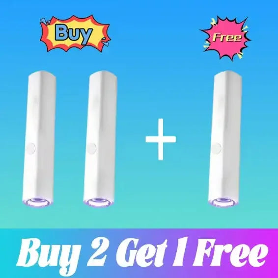 Three white cylindrical wart removal devices with purple light tips, presented in a "Buy 2 Get 1 Free" offer graphic.