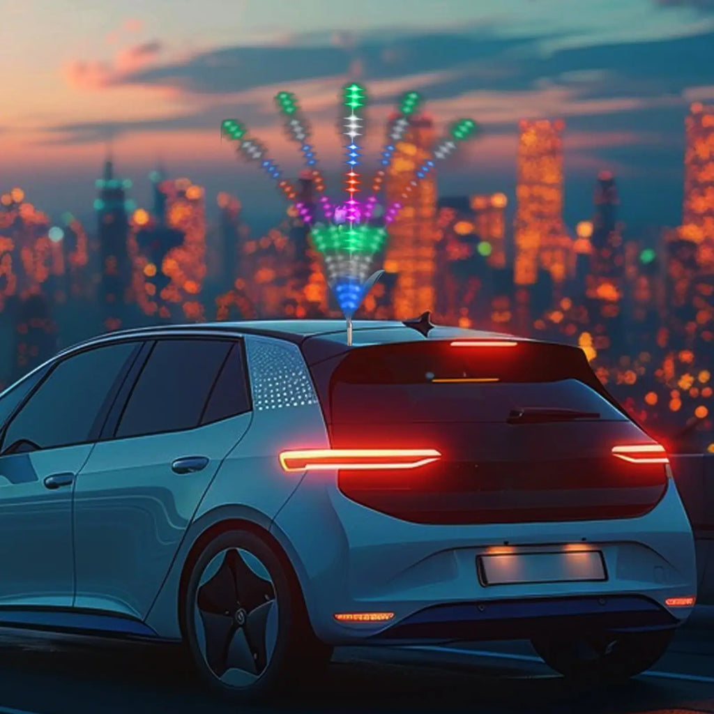 Multicolor LED car antenna topper displaying a fan-shaped light effect on a vehicle roof at night.