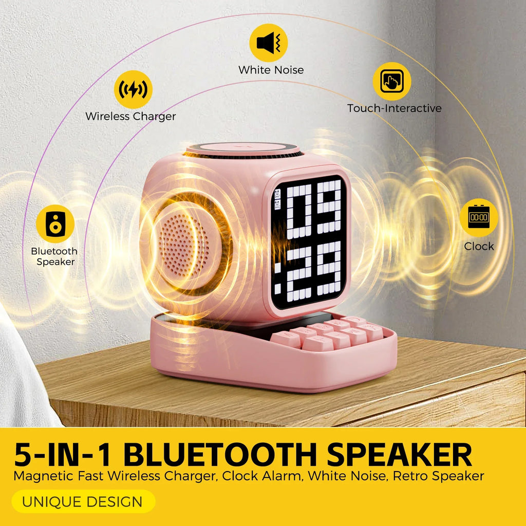 Portable Bluetooth Speaker with LED Alarm Clock and Wireless Charger Tidesmit