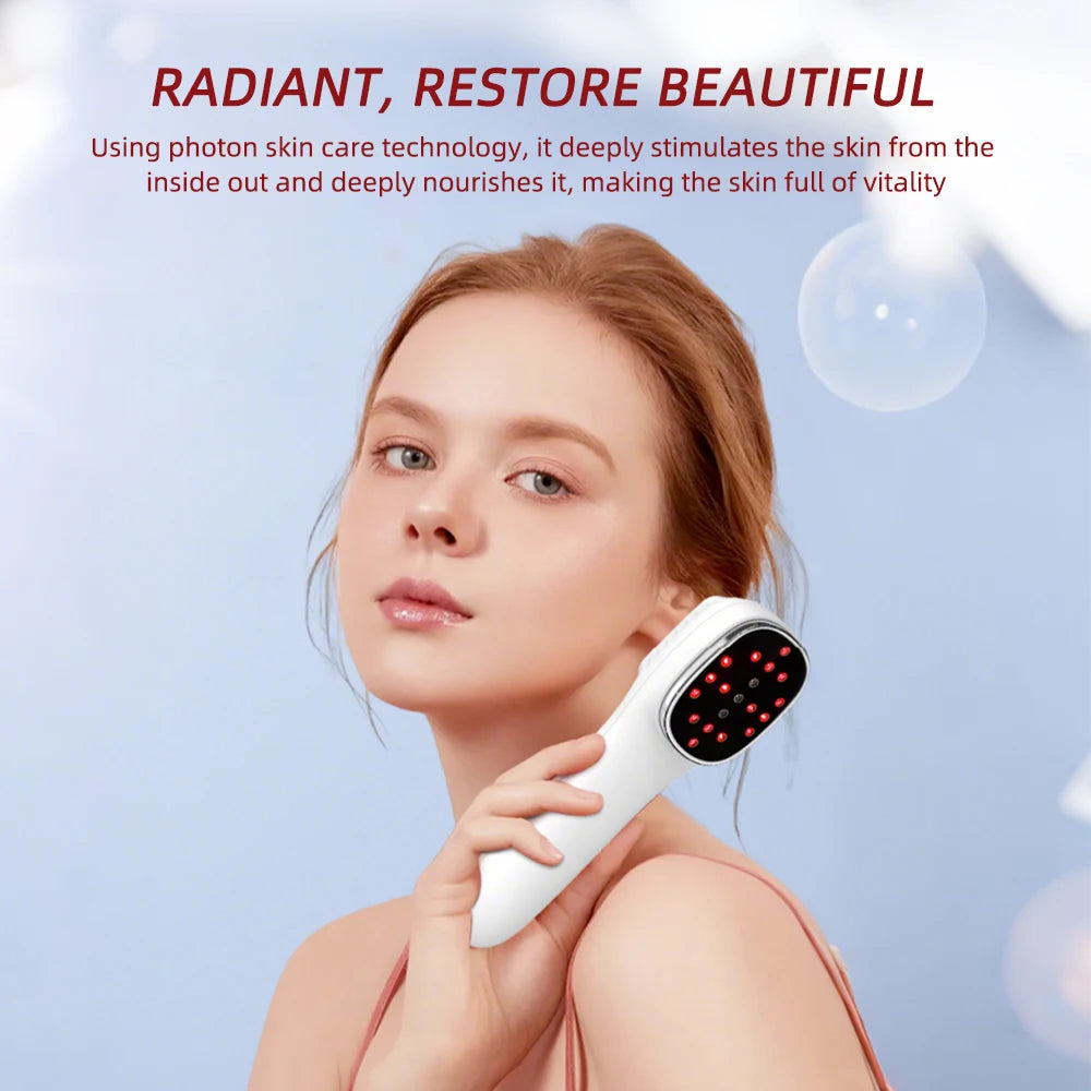 Woman holding a white handheld infrared beauty device with glowing red light emitters against a blue background.