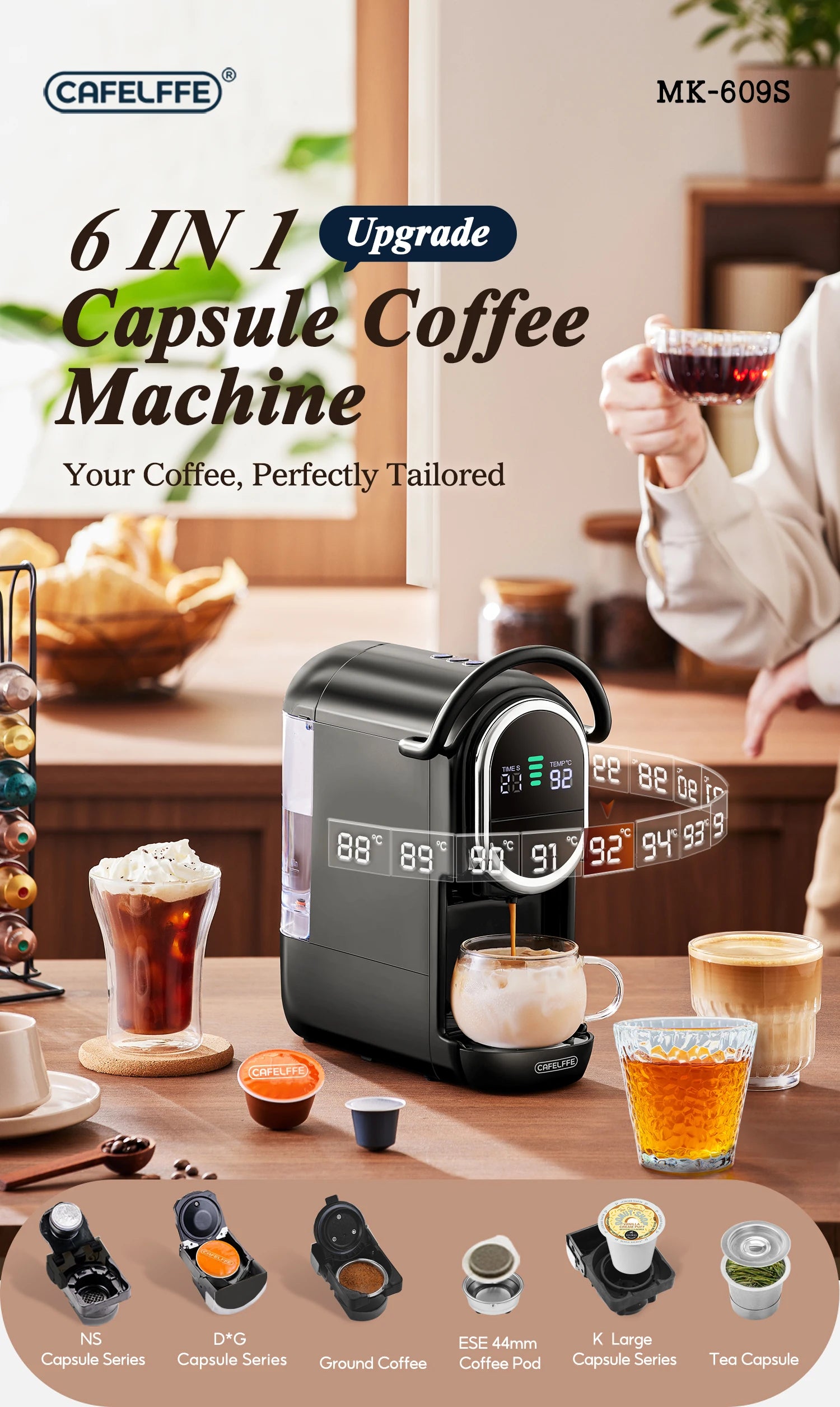 Cafelffe 6-in-1 black capsule coffee machine with digital temperature display and versatile brewing adapters.
