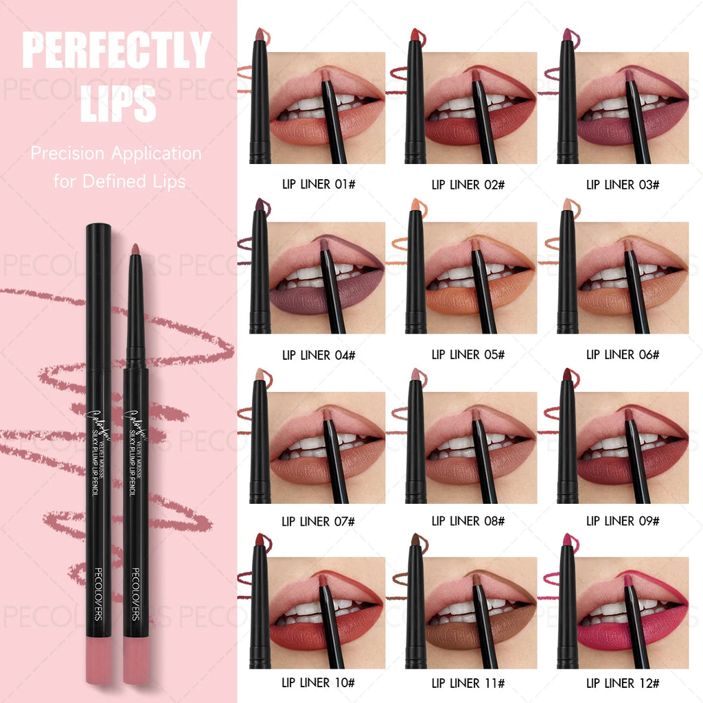 Waterproof matte lip liner set in 12 shades for long-lasting, defined, moisturizing lip makeup application.