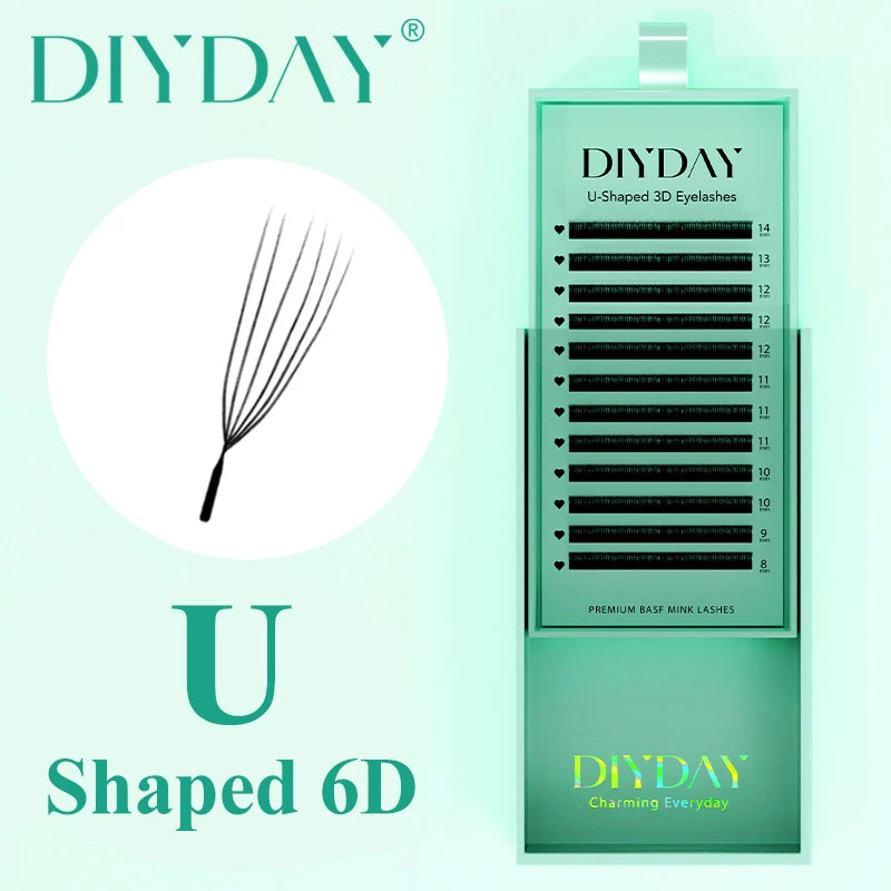 DIYDAY U-shaped faux mink premade eyelash fan extensions in a green tiered tray, showing various lengths from 8-14mm.