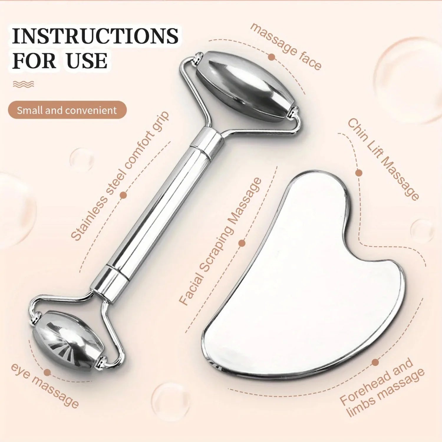 Stainless steel dual-ended facial roller and heart-shaped gua sha tool with instructional text overlays.