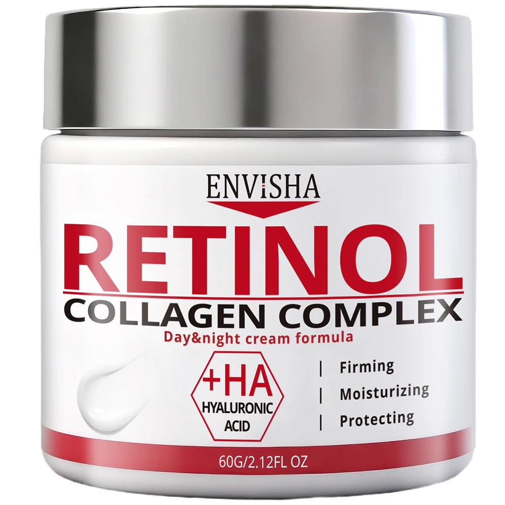 White plastic jar of Envisha Retinol Collagen Complex cream with a silver lid and red, bold text labels.