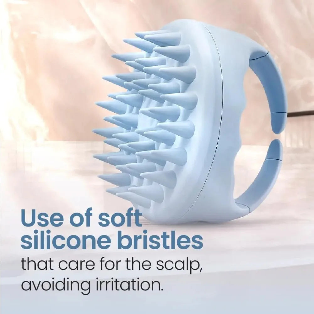 Light blue silicone scalp massager brush with pointed, flexible bristles and a curved handle for an easy grip.