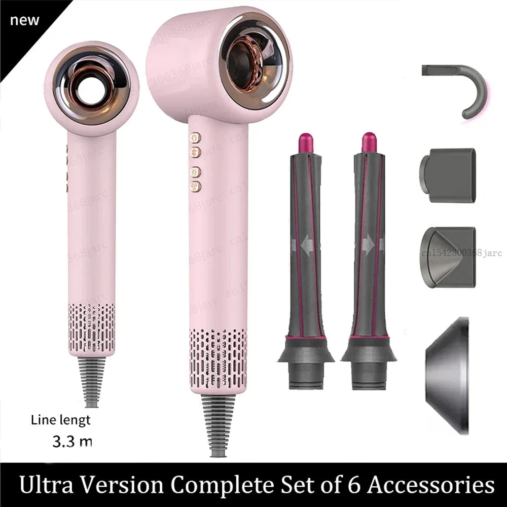 Pink 1600W leafless ionic hair dryer with 6 styling attachments for professional salon-quality hair care.